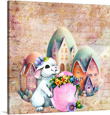  “Easter Bunny Village Eggs” is a delightful and whimsical digital art print that is perfect for the spring season. The print features a cute bunny with a basket of flowers and a village made of Easter eggs. The bunny is white with a blue and purple striped hat and a pink bow, holding a pink basket with orange and yellow flowers.