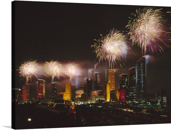 “Fireworks” is a stunning print that captures the beauty and excitement of a fireworks display over a city skyline.