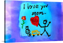  This vibrant print, titled “I Love You Mom,” captures the essence of pure, childlike love. The artwork features a jubilant stick figure holding a radiant red heart, surrounded by whimsical drawings, all set against a mesmerizing backdrop of blended blues and purples. 