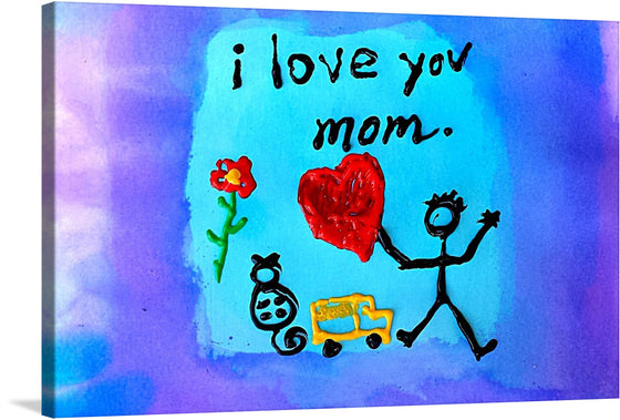 This vibrant print, titled “I Love You Mom,” captures the essence of pure, childlike love. The artwork features a jubilant stick figure holding a radiant red heart, surrounded by whimsical drawings, all set against a mesmerizing backdrop of blended blues and purples. 