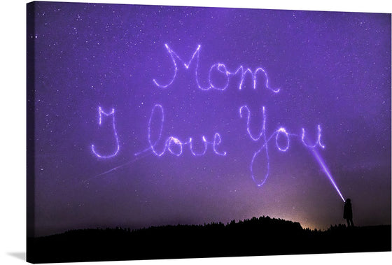 Illuminate your space with the tender and heartwarming message of this exquisite artwork. Captured against a backdrop of a star-studded night sky, the words “Mom, I Love You” are etched in radiant light, embodying an ethereal and celestial beauty. The silhouette of a lone figure accentuates the intimate and personal sentiment expressed in this piece. 