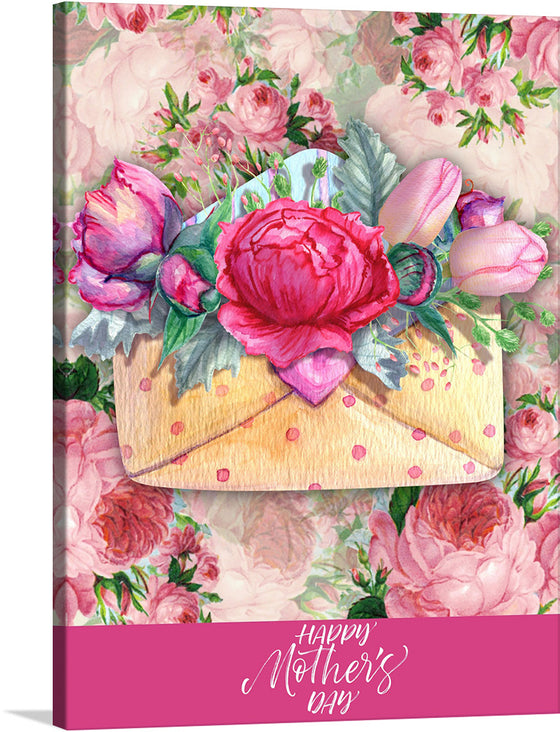 “Mother’s Day” is a captivating artwork that encapsulates the essence of maternal love and appreciation. The print features a meticulously painted envelope adorned with vibrant, blooming flowers, set against a backdrop of soft, romantic roses.