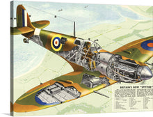  “Britain’s New Spitfire” – a meticulously crafted artwork that unveils the inner workings of this iconic aircraft. Every print captures the majestic exterior, adorned in wartime colors, and an exclusive peek into the mechanical heart that powered every victorious flight. The detailed cutaway reveals an orchestra of gears, pipes, and engines – a testament to engineering prowess and artistic detail. Ships soaring in the distant skies and serene waters below breathe life into this masterpiece.