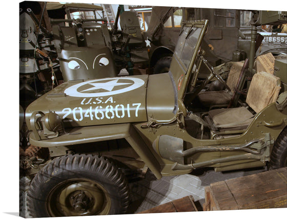 “Willy’s MB Jeep in Military Museum Luxembourg” captures the essence of history and valor in a single frame. This meticulously detailed print transports you to the heart of World War II, where the iconic Willys MB Jeep stands as a symbol of resilience and innovation. The olive-drab green hue, synonymous with military vehicles of that era, envelops the rugged silhouette. 