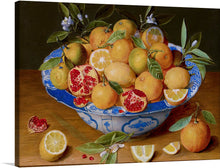  “Still Life with Lemons, Oranges, and a Pomegranate (1620-1640)” by Jacob van Hulsdonck is a vibrant print that brings the lavish display of fruits at the peak of their ripeness into your space. Nestled in an ornate blue and white bowl, a bounty of lemons and oranges offer a visual feast, their lush tones contrasted beautifully against a dark backdrop.