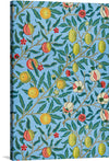 Step into a world of vibrant hues and captivating patterns with William Morris's "Four Fruits (1862)". This stunning textile design, reimagined as a print, is a feast for the eyes, bursting with peach, apple, and lemon motifs. Each fruit is rendered in rich, saturated colors, their forms outlined in bold black lines that create a striking contrast against the blue background.