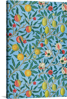  Step into a world of vibrant hues and captivating patterns with William Morris's "Four Fruits (1862)". This stunning textile design, reimagined as a print, is a feast for the eyes, bursting with peach, apple, and lemon motifs. Each fruit is rendered in rich, saturated colors, their forms outlined in bold black lines that create a striking contrast against the blue background.