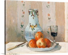  This print, titled “Timeless Elegance,” captures a timeless still life painting by C. Pissarro. The artwork elegantly portrays a delicately crafted vase adorned with intricate floral designs, accompanied by a plate of luscious, ripe apples and a refined glass of wine. Every brushstroke reveals the artist’s mastery, bringing to life the rich textures and warm tones that dance across the canvas. 
