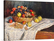  In Claude Monet's still life "Apples and Grapes" (1879-1880), the artist delights the viewer with a bountiful arrangement of apples and grapes, rendered in a symphony of colors and textures. Monet masterfully captures the essence of each fruit, from the smooth, waxy skin of the apples to the delicate, translucent grapes. The apples, ranging from vibrant reds and greens to soft yellows and oranges, are meticulously painted, their individual contours and imperfections rendered with a keen eye for detail.