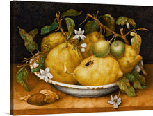  “Still Life with Bowl of Citrons (1600-1670)” by Giovanna Garzoni is an exquisite print that captures the timeless beauty of a simple yet vibrant still life. The artwork features a bowl brimming with lusciously textured citrons, their golden hues contrasting against the dark backdrop. Green leaves and delicate white blossoms breathe life into the scene, while a meticulously painted bee hovers, accentuating the artwork’s vivid realism.