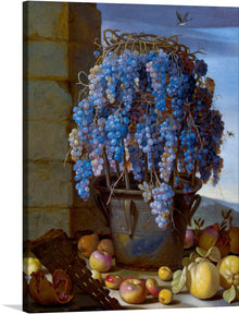  “Still Life with Grapes and Other Fruit (1630s)” by Luca Forte is a captivating print that brings a bountiful display of nature’s gifts to your space. The artwork features grapes cascading over the edge of a rustic metal bucket, their luscious texture illuminated with meticulous detail. Nestled beside the bucket, an assortment of ripe fruits and a woven basket lie against the backdrop of a serene sky, creating a scene that’s both vibrant and tranquil. 