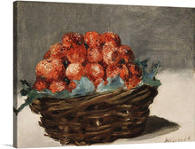  “Strawberries” by Édouard Manet is a captivating print that brings the artist’s mastery in still life painting into your space. The artwork features a rustic basket brimming with succulent strawberries that seem to glisten with freshness. Each berry is painted with meticulous detail, their red and golden hues popping against the muted background. 