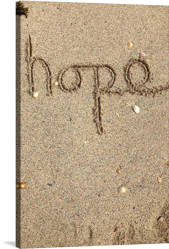 Introducing “Hope,” an exclusive print that encapsulates the transient beauty of a moment frozen in time. This artwork features the word “hope” inscribed with graceful strokes upon the pristine sands, each granule shimmering under the gentle kiss of sunlight. 