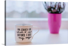  Immerse yourself in the serene ambiance of our latest art print, where the simplicity of a coffee mug speaks volumes. The whimsical text on the mug, “I’M SORRY FOR WHAT I SAID BEFORE I HAD MY COFFEE,” is a playful nod to our universal need for that first cup of the day. Paired with a vibrant potted plant, this artwork encapsulates those quiet moments of morning reflection.
