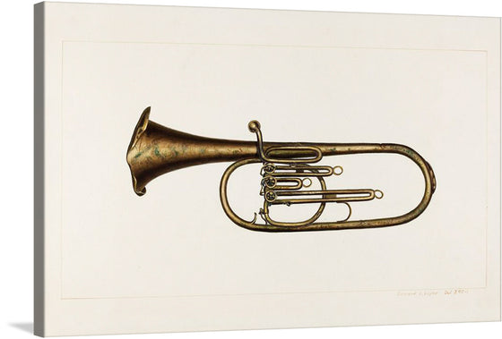 “Baritone Horn (ca. 1938)” by Edward L. Loper is a captivating print that harmoniously blends nostalgia and craftsmanship. The vintage brass instrument, meticulously captured, exudes a sense of timelessness. Its aged patina tells stories of countless melodies played, resonating through the decades. 