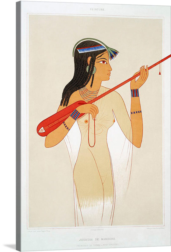 Immerse yourself in the elegance and mystique of ancient civilization with this exquisite print. The artwork, a harmonious blend of rich colors and delicate lines, depicts a figure adorned in traditional attire, skillfully playing a musical instrument. Every stroke is a testament to the artist’s mastery, inviting viewers into a world where art and history intertwine. 