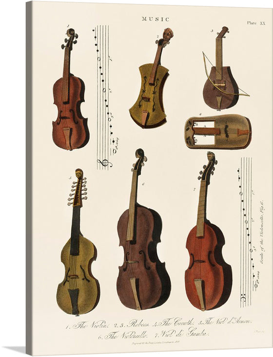 Immerse yourself in the symphony of visual artistry with this exquisite print, “Antique Strings”. A harmonious collection of meticulously illustrated string instruments, each piece is a sonnet, echoing the rich history and melodious charm of classical music. The detailed renderings of violins and their kin are accentuated by musical notes that seem to dance off the page, inviting viewers into a world where art and music intertwine. 