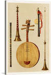 “Saimisen, Kokiu and Biwa (1888)” by William Gibb is a stunning artwork that captures the elegance and sophistication of traditional Japanese musical instruments. The painting features four instruments displayed vertically, including a flute-like instrument, a wind instrument with intricate designs, a large stringed instrument resembling a lute or guitar, and another stringed instrument suspended from red cords. 