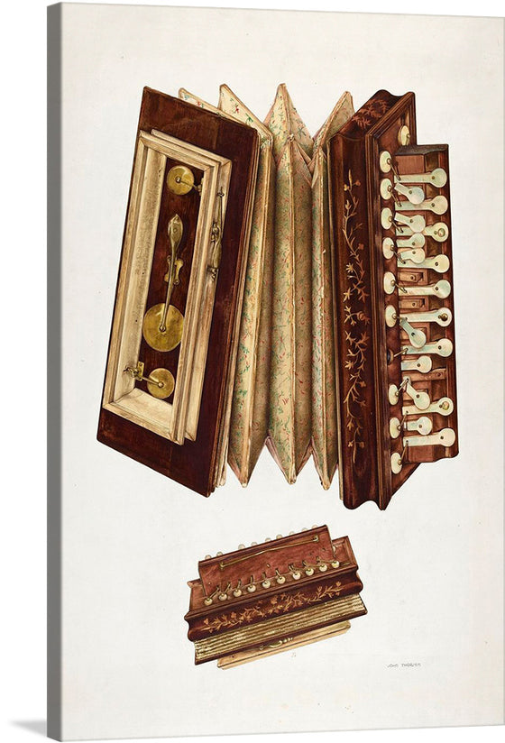“Woman’s Accordion” by John Thorsen invites you into a world where art and music intertwine. This exquisite print captures the intricate details of a vintage accordion in an exploded view, revealing the craftsmanship and complexity beneath its exterior. The rich wooden textures, the elegance of the internal mechanisms, and the graceful floral designs on the bellows are rendered with meticulous precision.