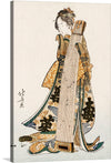 Enveloped in the folds of an intricately patterned kimono, our enigmatic figure stands poised, their face veiled in mystery. The vibrant hues of emerald green and glistening gold evoke a sense of opulence, while the inky black adds an air of intrigue. In their hands, a stringed instrument—its melody echoing across centuries.