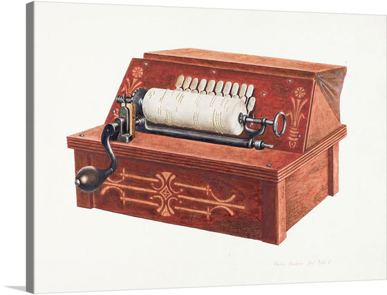 Step back in time with this exquisite print of a vintage music box, meticulously detailed and rich in history. The artwork captures the essence of an era where craftsmanship and artistry were paramount. Every groove, every etching, and the warm hue of aged wood are brought to life in stunning detail.