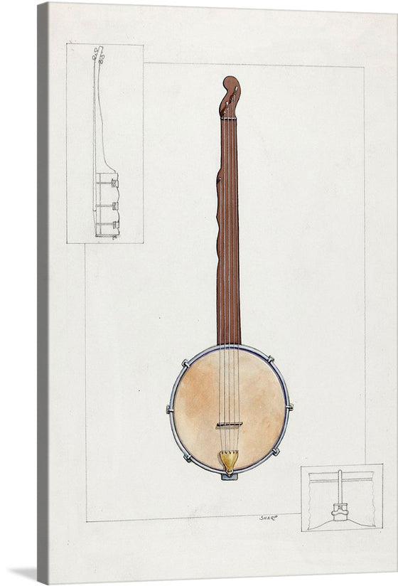 “Plantation Banjo (ca.1937)” by Floyd R. Sharp is a stunning artwork that captures the essence of musical artistry. The detailed rendering showcases a classic banjo, its elegant curves and refined craftsmanship evoking a bygone era of musical excellence. The main drawing shows a full-length view of the banjo with its round body, long neck, and tuning pegs. 