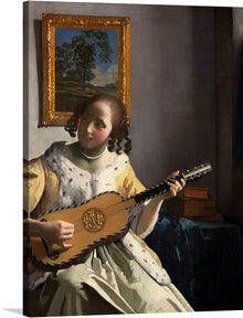  Immerse yourself in the enigmatic allure of this exquisite artwork. The subject, a faceless figure gracefully strumming a lute, exudes an air of mystery and elegance. Adorned in a dress that captures the essence of a bygone era, she sits against the backdrop of an austere room. A serene landscape scene framed with golden grandeur adds layers of depth to the composition.