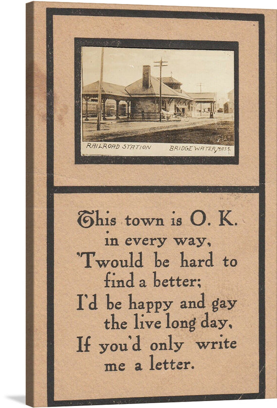 “Bridgewater Station” invites you to a nostalgic journey back in time. This sepia-toned print captures the iconic railroad station of Bridgewater, Massachusetts—an emblem of early 20th-century Americana. Against the backdrop of Bridgewater State University, the station stands as a silent witness to countless arrivals and departures.