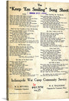 “Keep 'Em Smiling” is a vintage song sheet from the Indianapolis War Camp Community Service, featuring lyrics to various songs including “Smiles”, “Pack Up Your Troubles In Your Old Kit-Bag”, “Till We Meet Again”, and “The Rose Of No Man’s Land”. This artwork is a testament to the power of music in uplifting spirits during wartime. 