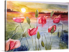  Immerse yourself in the serene beauty of this exquisite artwork, now available as a premium print. Each stroke meticulously captures the gentle sway of vibrant red poppies against a mesmerizing sunset, evoking a sense of tranquil elegance. The harmonious blend of warm and cool tones illuminates the canvas, inviting viewers into a world where nature’s simplicity meets artistic complexity.
