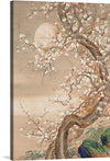 Immerse yourself in the serene beauty of this exquisite artwork, a print capturing the ethereal elegance of a blossoming cherry tree against the backdrop of a soft, glowing moon. Every delicate petal and twisted branch is rendered with meticulous detail, inviting viewers into a world where nature’s quiet beauty reigns supreme. 