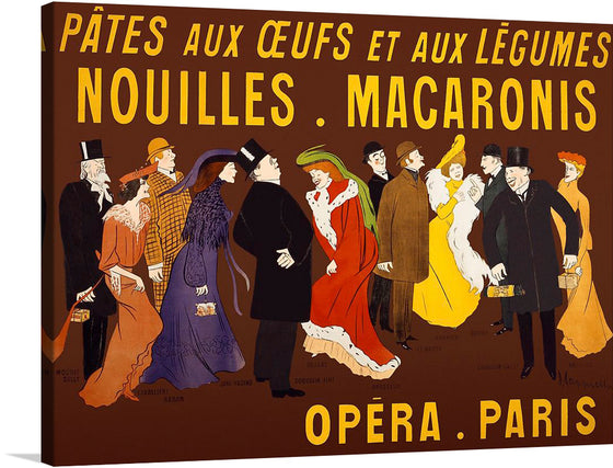 This vibrant and whimsical print by Leonetto Cappiello is a must-have for any fan of Art Nouveau or vintage advertising. The image depicts a group of celebrities from the early 20th century, including Sarah Bernhardt, Clémenceau, and Jules Chéret, each holding a package of the product.