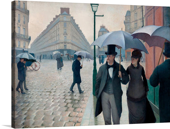 “Paris Street; Rainy Day (1877)” is a stunning artwork that captures the essence of 19th century Paris. The painting depicts a rainy day on a Paris street with several people walking, holding umbrellas. The buildings exhibit classic Haussmann architecture, characterized by its uniformity and elegance.