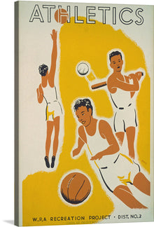  This vibrant print of an WPA Recreation Project athletics poster from 1939 is a nostalgic and uplifting piece of art that would be a great addition to any home. The poster depicts a group of young people playing basketball, baseball, and tennis, and their joyful expressions and energetic poses are infectious.