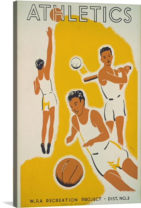 This vibrant print of an WPA Recreation Project athletics poster from 1939 is a nostalgic and uplifting piece of art that would be a great addition to any home. The poster depicts a group of young people playing basketball, baseball, and tennis, and their joyful expressions and energetic poses are infectious.