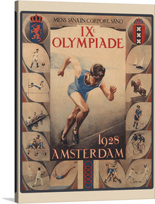  Step back in time with this captivating print of the “Vintage Olympic Games (1928)” artwork. This nostalgic piece captures the spirit and vigor of the IX Olympiad held in Amsterdam, Holland. The poster features a large athlete in blue attire, surrounded by smaller vignettes depicting various sports events. The text “MENS SANA IN CORPORE SANO”, “IXe OLYMPIADE”, “1928”, and “AMSTERDAM” are prominently displayed, echoing the Olympic ideals across generations. 