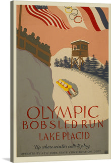  “Bobsled Run” is a captivating piece of art that encapsulates the thrill and excitement of the Olympic bobsled experience at Lake Placid. The artwork, with its rich, warm hues and dynamic composition, transports you to a world where winter calls to play. The American flag and Olympic rings fluttering in the wind symbolize national pride and international unity. A bobsled team, captured mid-motion on their exhilarating descent, embodies speed, precision, and teamwork.