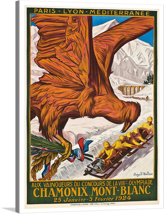 This marvelous vintage poster for the 1924 Winter Olympics in Chamonix, France is a must-have for any fan of vintage sports art or Olympic history. In 1921, the International Olympic Committee voted to stage 'International Sports Week 1924' in Chamonix, France. This event was a complete success and was retroactively named the First Olympic Winter Games.