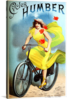  “Humber Cycles” is a masterpiece by Jules Cheret that captures the elegance and freedom associated with the golden age of cycling. The artwork features a person riding an old-fashioned bicycle, wearing bright yellow attire that flows elegantly as they ride. The background consists of blue skies with white clouds, giving it a serene ambiance.