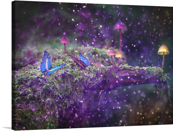 Step into a world where fantasy and reality blend seamlessly with our “Butterflies and Mushrooms” art print. Every detail, from the iridescent blue butterflies resting gently on a moss-covered log to the ethereal glow of mushrooms illuminating the mystical forest, is captured with stunning realism. The backdrop of a starry night sky adds an element of cosmic wonder, making this piece a captivating addition to any space seeking to inspire imagination and awe.