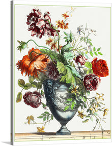  This print, a reproduction of a classical vase with a vibrant bouquet of flowers, is a feast for the eyes. The vase, in a subtle blue-grey hue, is adorned with intricate details that add to its charm. The bouquet is a delightful mix of roses, peonies, and other varieties in shades of red, pink, orange, and white.