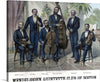 “Muscians Group” is a captivating print that brings to life the esteemed Mendelssohn Quintette Club of Boston. The artwork depicts five musicians from the club seated with their instruments, dressed in formal attire. The background features an elegant setting with curtains and architectural details suggestive of a stage or opulent room.