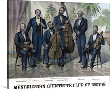  “Muscians Group” is a captivating print that brings to life the esteemed Mendelssohn Quintette Club of Boston. The artwork depicts five musicians from the club seated with their instruments, dressed in formal attire. The background features an elegant setting with curtains and architectural details suggestive of a stage or opulent room.