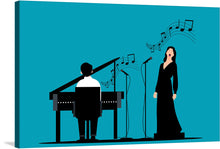  Immerse yourself in the harmonious blend of music and art with this exquisite print. A pianist and a singer, captured in elegant silhouettes, unite to create a symphony of visual and auditory beauty. Set against a vibrant turquoise backdrop, musical notes dance freely in the air, embodying the soul-stirring melodies that fill the space.