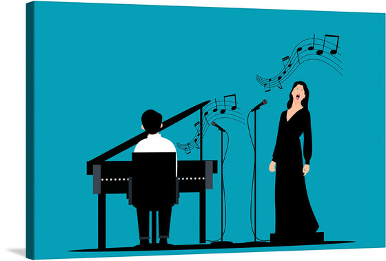 Immerse yourself in the harmonious blend of music and art with this exquisite print. A pianist and a singer, captured in elegant silhouettes, unite to create a symphony of visual and auditory beauty. Set against a vibrant turquoise backdrop, musical notes dance freely in the air, embodying the soul-stirring melodies that fill the space.