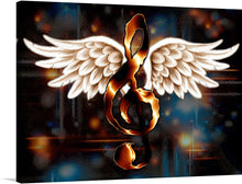  Immerse yourself in the ethereal beauty of this exquisite artwork, now available as a limited edition print. A harmonious blend of strength and elegance, it captures a golden treble clef symbol gracefully adorned with majestic, finely detailed wings. 