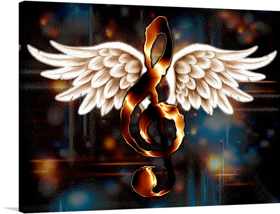 Immerse yourself in the ethereal beauty of this exquisite artwork, now available as a limited edition print. A harmonious blend of strength and elegance, it captures a golden treble clef symbol gracefully adorned with majestic, finely detailed wings. 