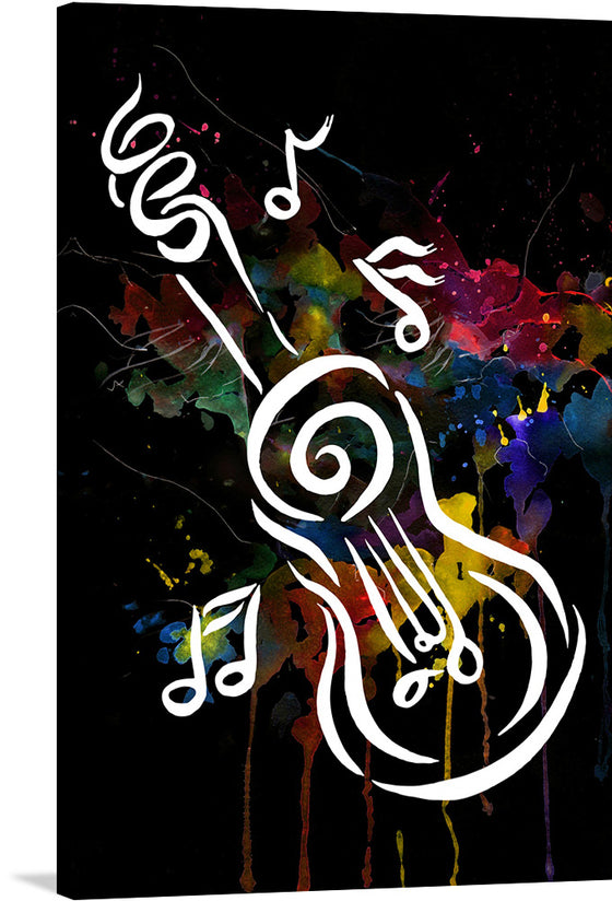 This exclusive “Guitar, Music, Musical Instruments” art print is a symphony of colors and forms that captures the soul-stirring essence of melody and harmony. The vibrant hues dance gracefully across the canvas, embodying the dynamic rhythms and ethereal beauty of musical compositions. The image depicts an abstract representation of musical instruments intertwined with musical notes against a colorful backdrop.