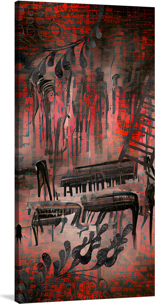 Red and Black Contemporary Art of Piano Keys, a mesmerizing gothic-style illustration, strikes a harmonious chord between darkness and creativity. The stark contrast of crimson and ebony evokes a haunting elegance, reminiscent of nocturnal melodies echoing through ancient halls.