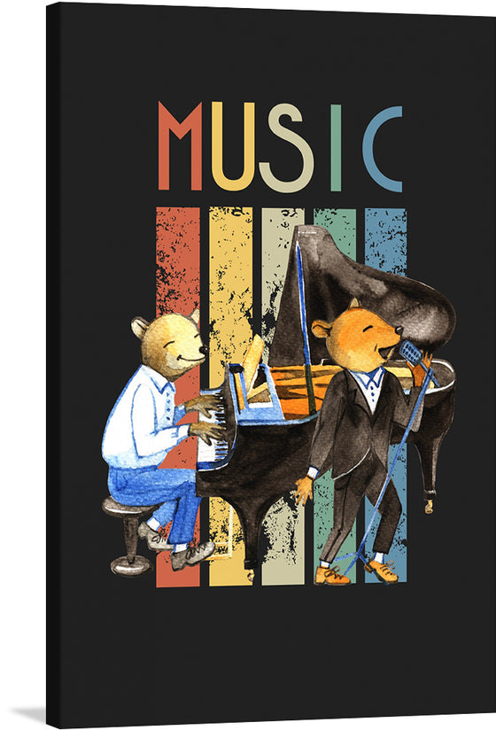 The “Music Vintage Jazz Poster” is a stunning piece of art that captures the essence of the golden era of jazz. The artwork features two charismatic mice, one playing the piano and the other singing into a microphone, lost in a musical moment. The grand piano painted in detailed strokes occupies central space, while the background consists of vertical stripes with distressed texture in corresponding colors to each letter above.